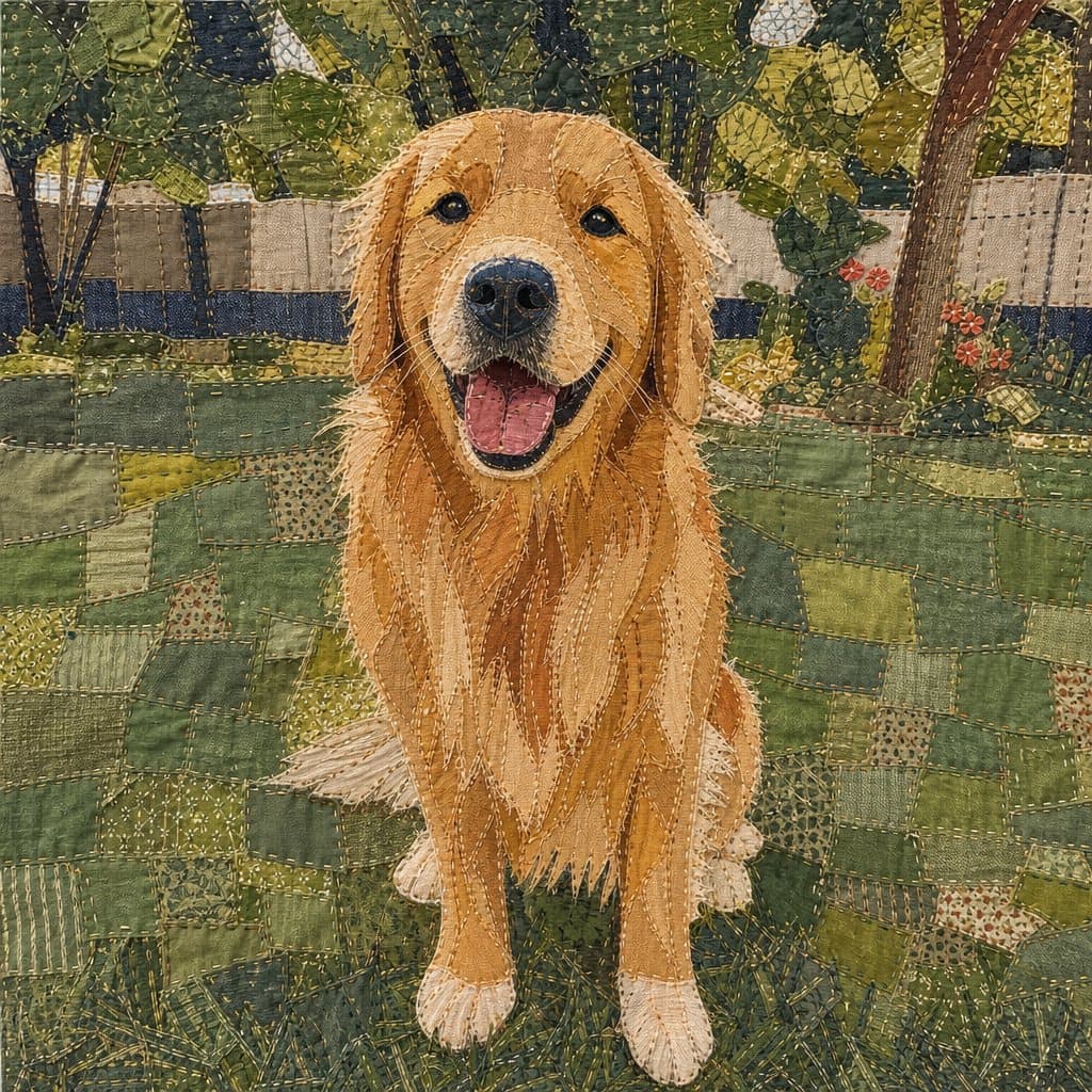 Backyard retriever as Raw-edge Appliqué fabric patchwork
