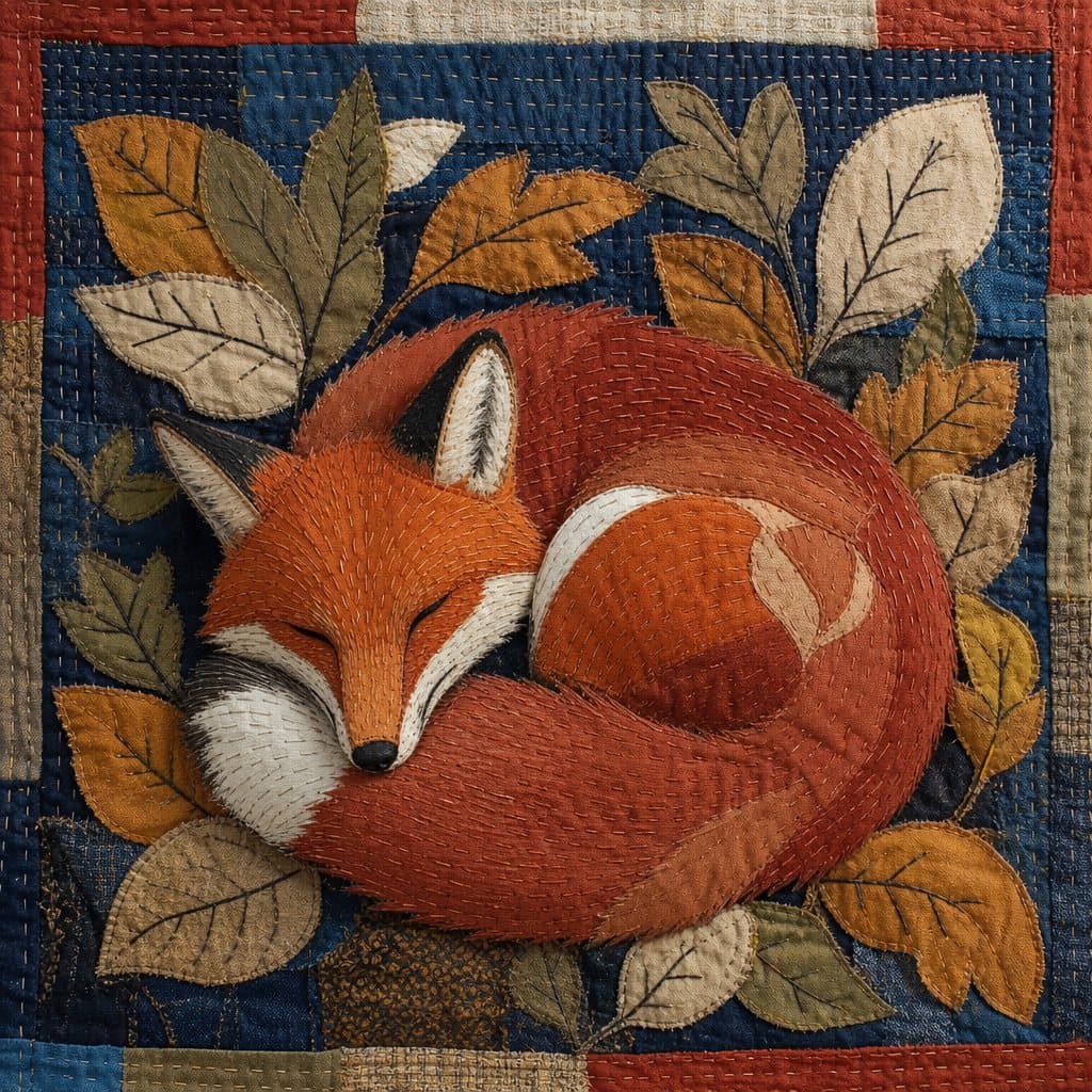 Fox in Autumn Leaves, Raw-edge Appliqué fabric patchwork