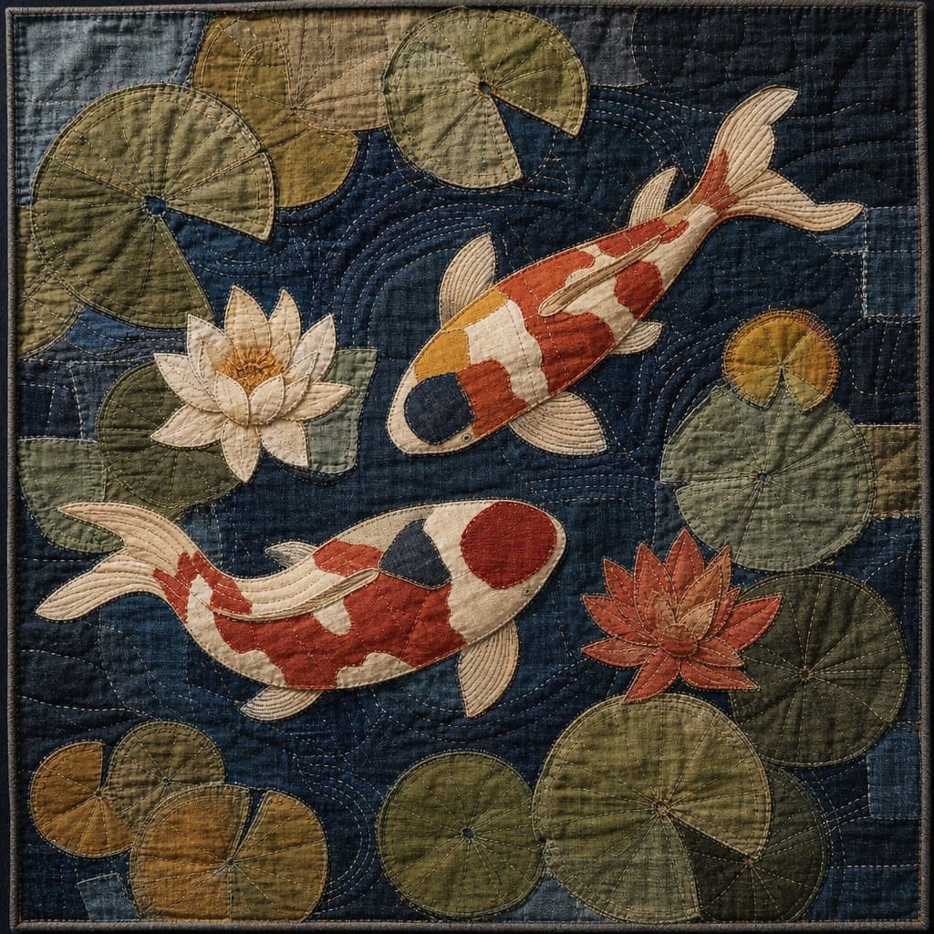 Two Koi, Indigo Sashiko fabric patchwork
