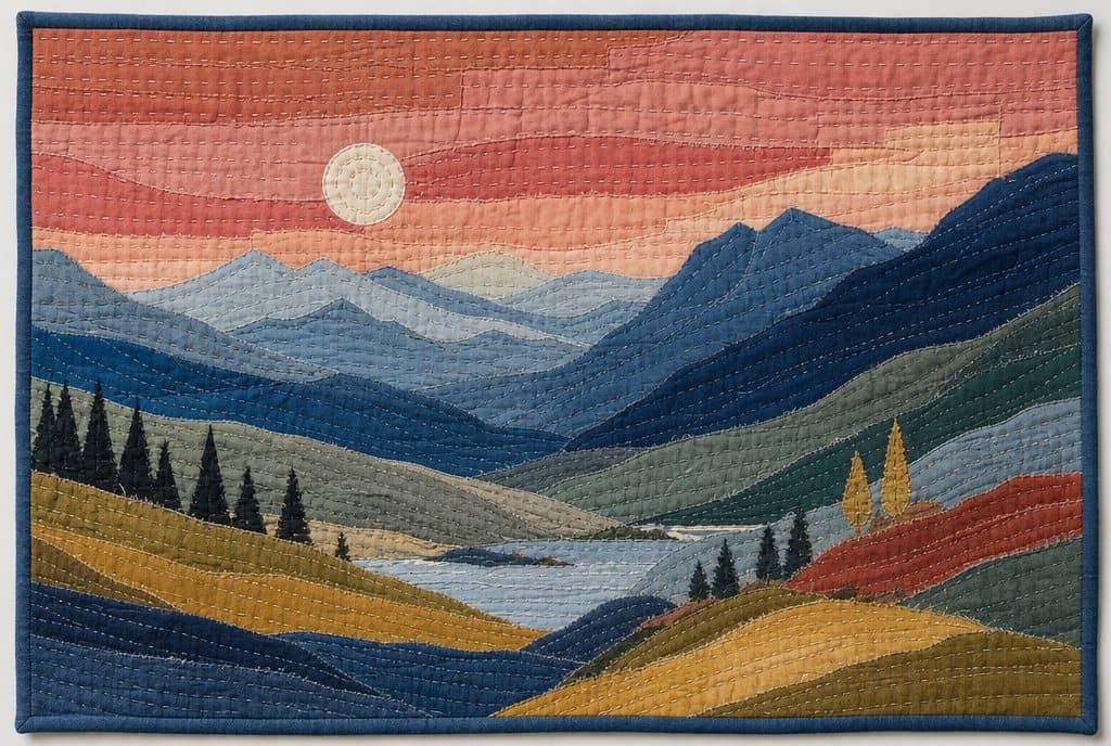 Blue Ridges at Dusk, Log Cabin fabric patchwork