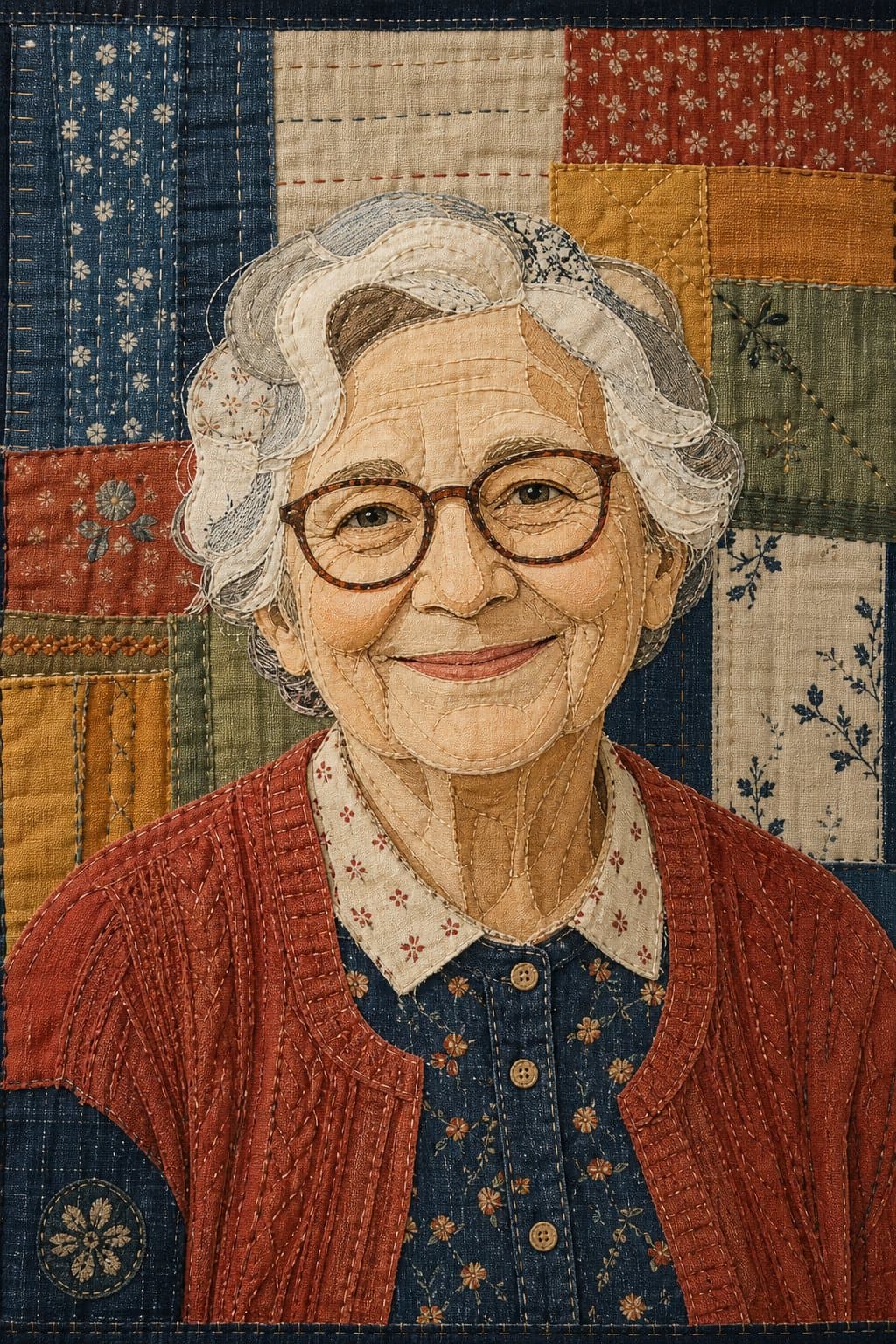 Grandma in Her Cardigan, Scrap Mosaic fabric patchwork