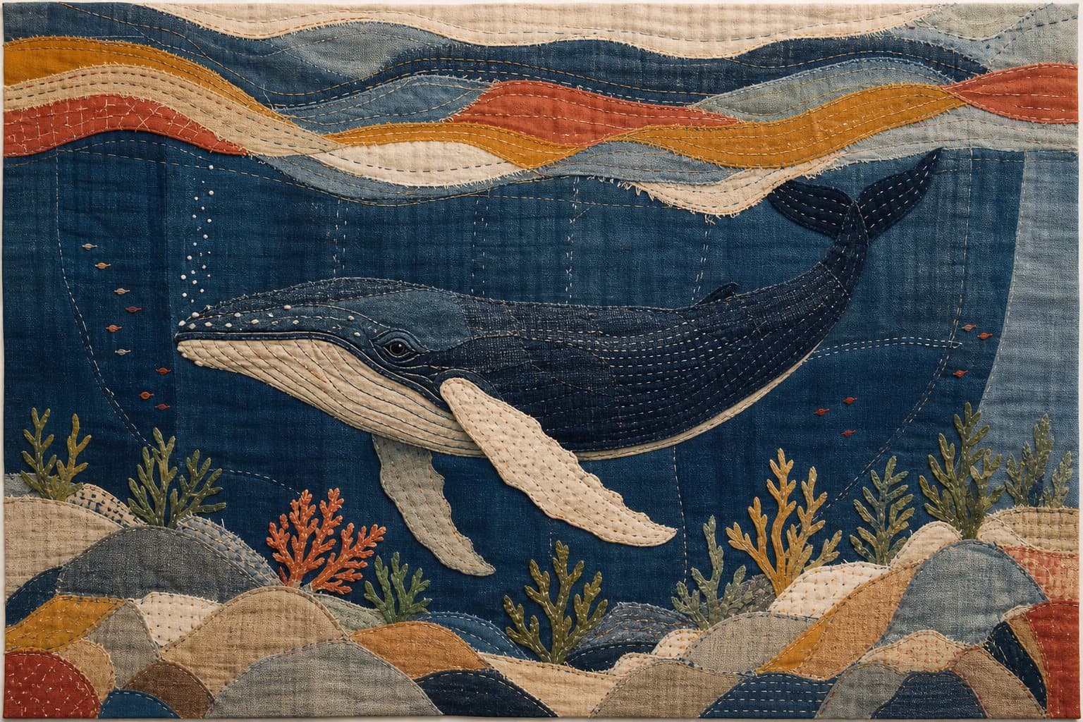 Deep Blue Dive, Japanese Boro fabric patchwork