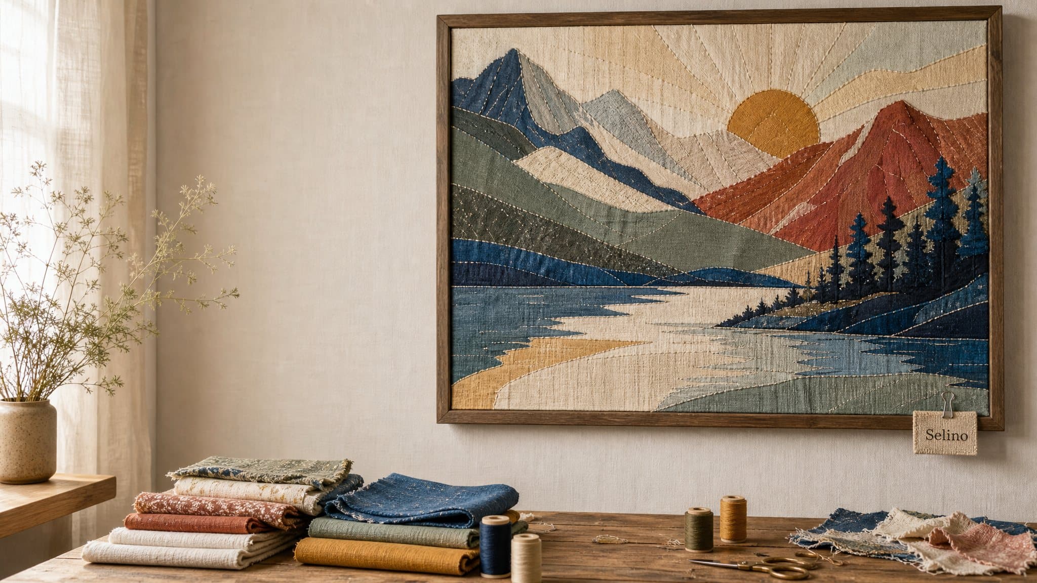 A framed fabric patchwork artwork of a mountain lake in a sunlit studio