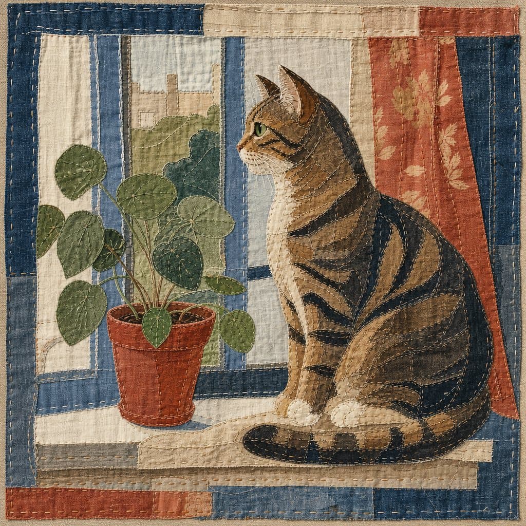 Cat in Raw-edge Appliqué patchwork style