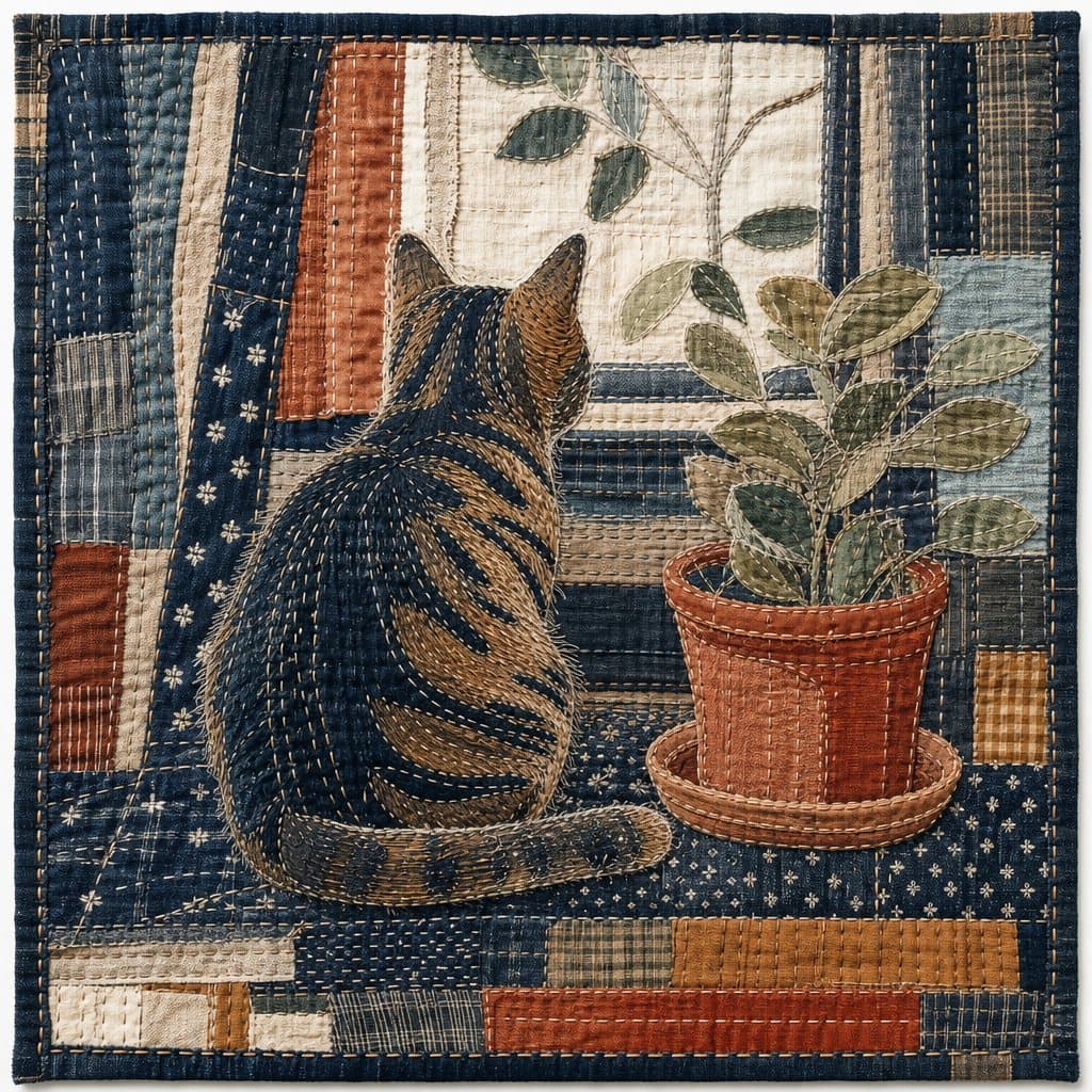 Cat in Japanese Boro patchwork style