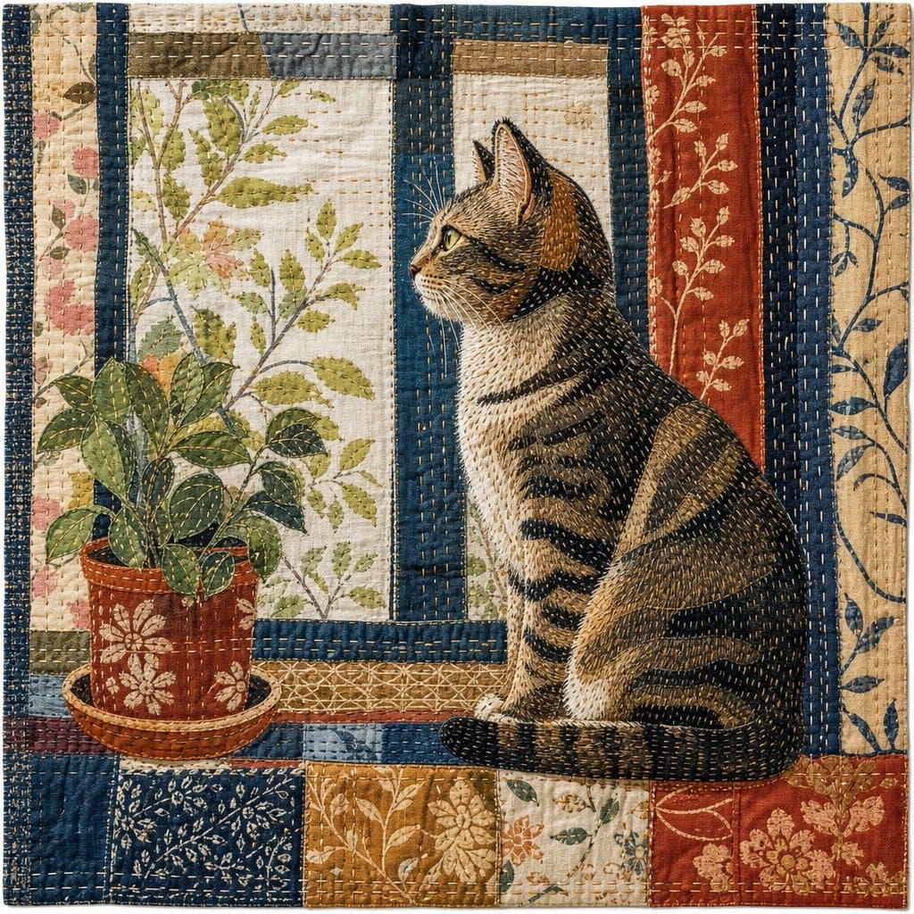 Cat in Folk Kantha patchwork style