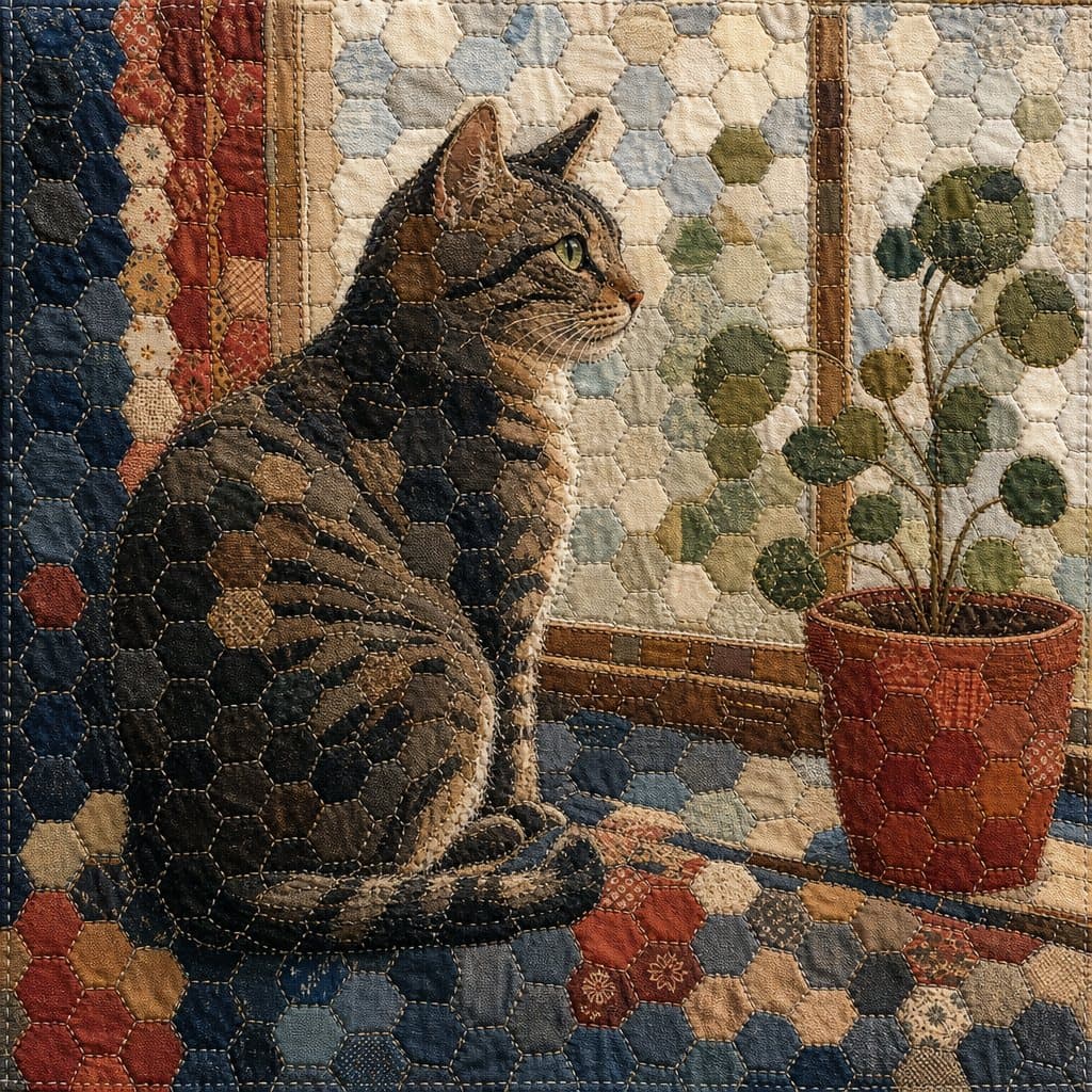Cat in Hexagon Mosaic patchwork style