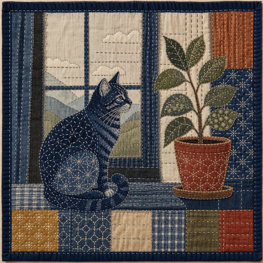 Cat in Indigo Sashiko patchwork style